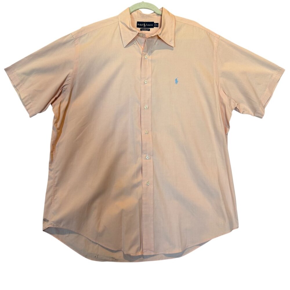 Ralph Lauren Classic Fit Short Sleeve Button Down XL Peach Shirt Blue Pony Logo